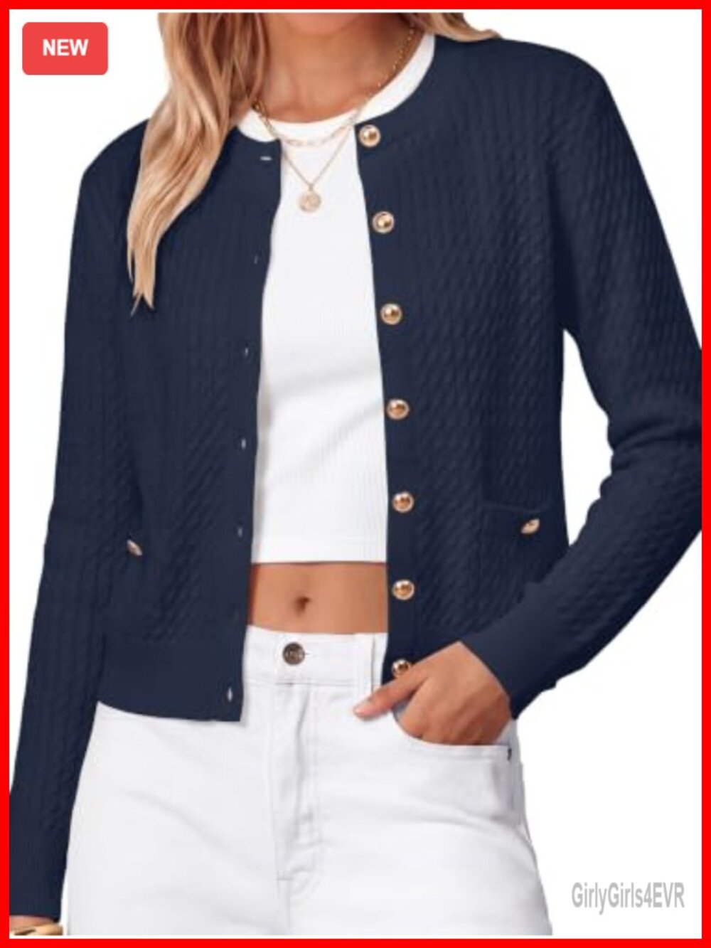 Womens Cable Knit Cardigan Button Down Lightweight Crew Neck Sweater